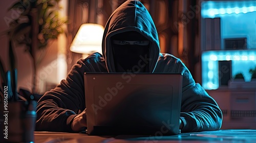 A pensive looking individual thief with a concealed face using a laptop in a dimly lit room suggesting illicit cyber activity