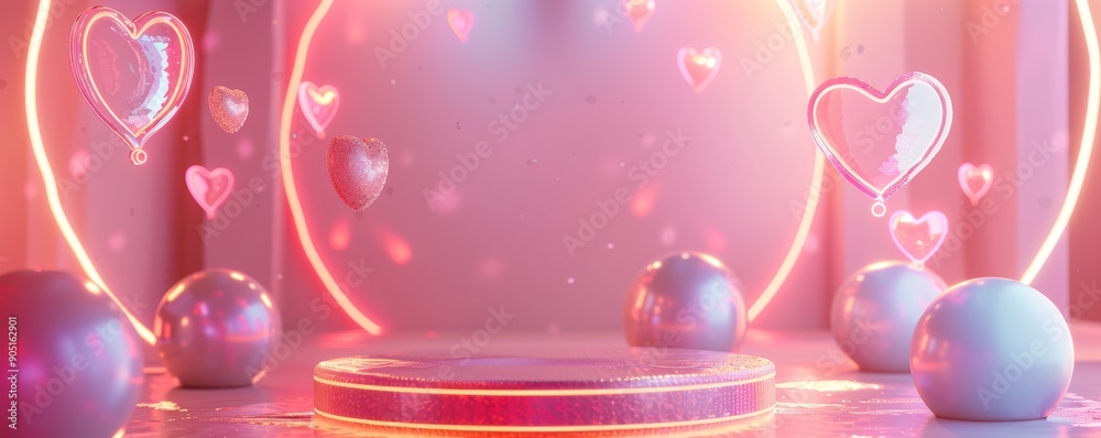 Pink gradient background with floating hearts and spheres for romantic ...