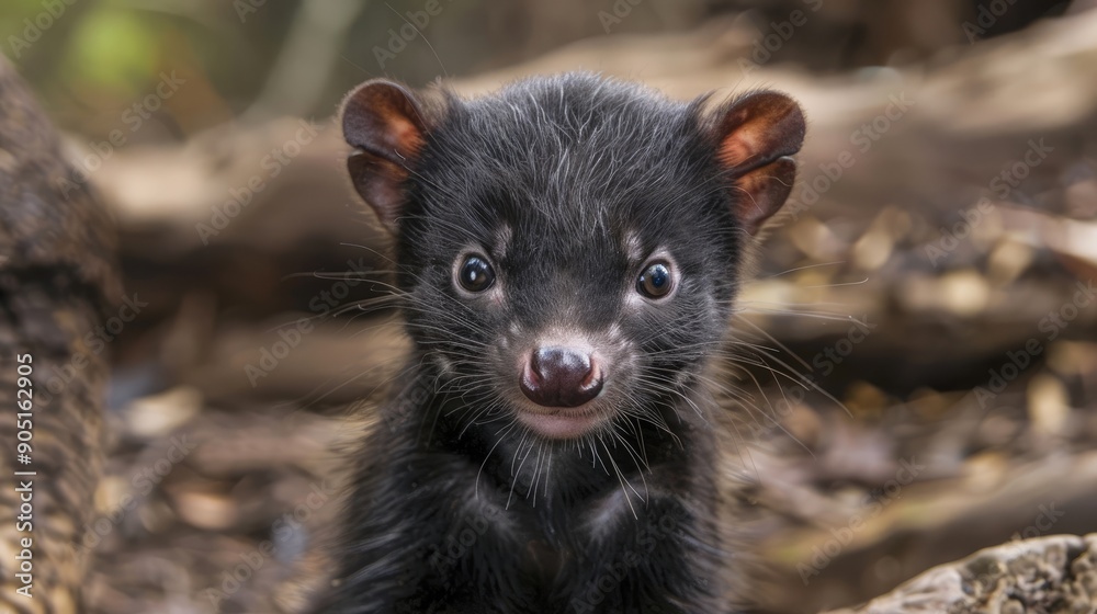 Baby Tasmanian Devil endangered marsupial with cute curious gaze at Devils Cradle sanctuary in Tasmania near Cradle Mountain National Park Baby Tasmanian Devil endangered marsupial with cute curious gaze at Devils Cradle sanctuary in Tasmania near Cradle Mountain National Park