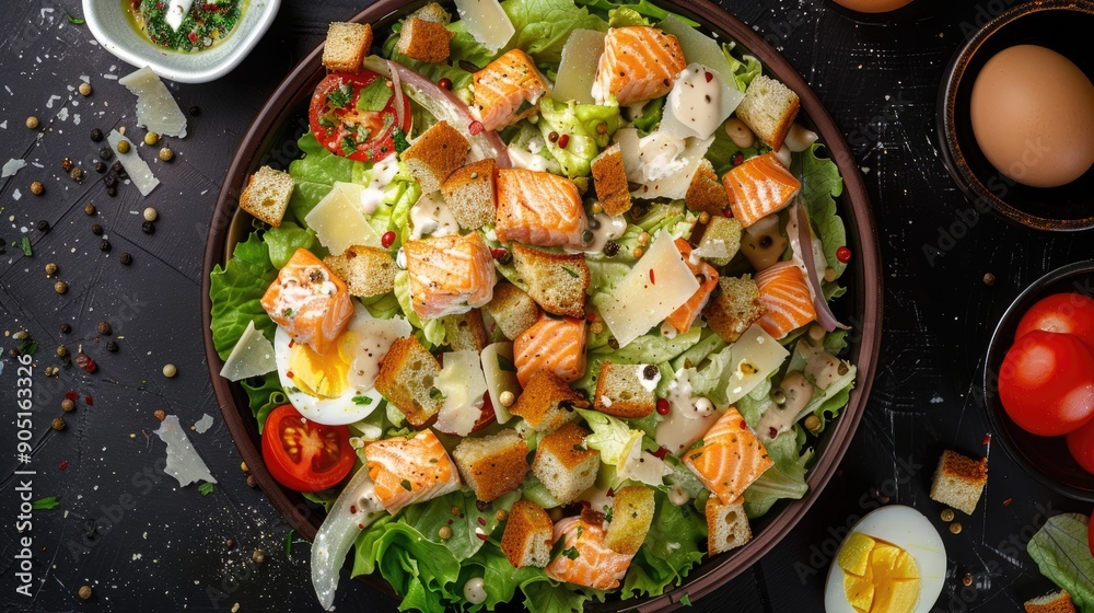 Salmon Caesar salad with vegetables and croutons Caesar salad with salmon parmesan cheese quail eggs lettuce tomatoes and croutons Vertical orientation top view Salmon Caesar salad with vegetables and croutons Caesar salad with salmon parmesan cheese quail eggs lettuce tomatoes and croutons Vertical orientation top view