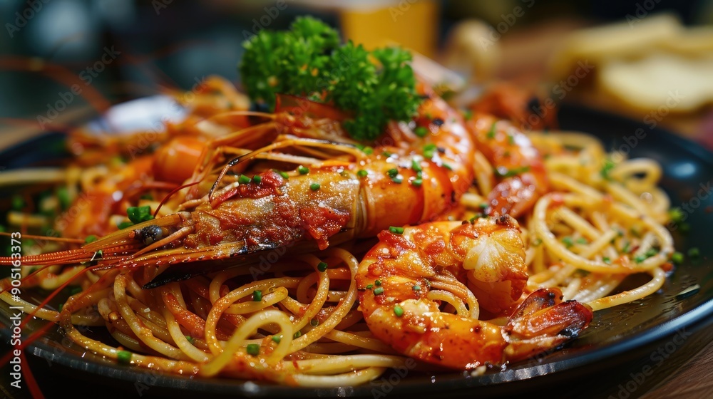 a plate of spaghetti with tomato paste and grilled prawns on it a plate of spaghetti with tomato paste and grilled prawns on it