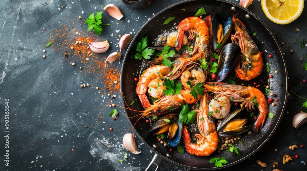 Mixed grilled seafood Various roasted shrimps mussels and shellfish in frying pan and white wine Top view flat lay Mixed grilled seafood Various roasted shrimps mussels and shellfish in frying pan and white wine Top view flat lay