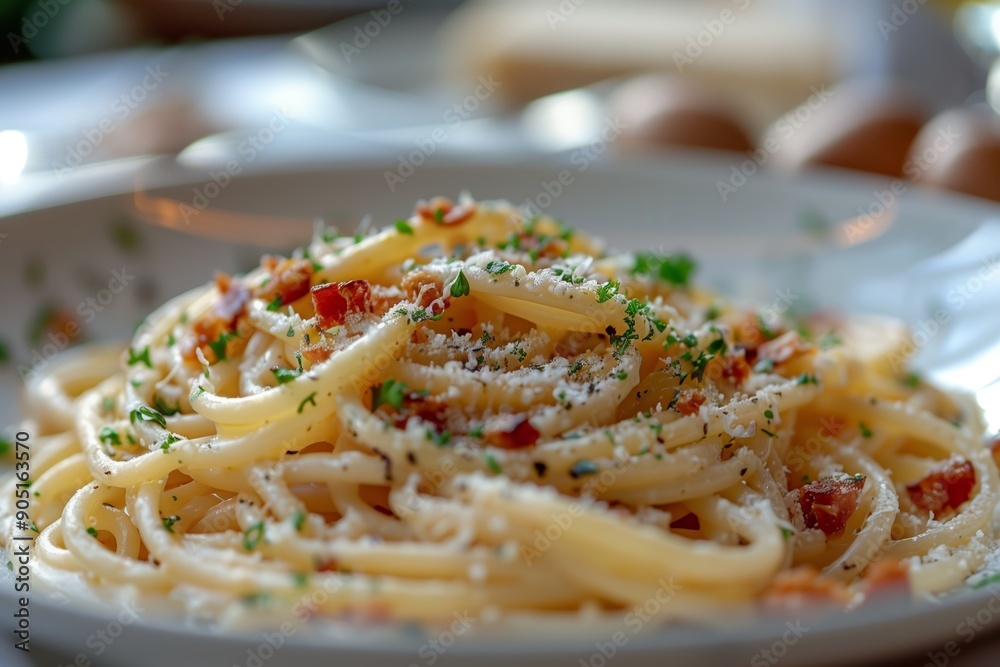Delicious Plate of Spaghetti With Bacon and Parmesan Cheese Garnished With Fresh Herbs Delicious Plate of Spaghetti With Bacon and Parmesan Cheese Garnished With Fresh Herbs