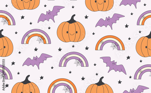 Funny Halloween seamless pattern in trendy groovy retro 70s style. Y2k collection. Cute Pumpkin, Rainbow, Bat. Retro y2k style. Fun pumpkin cartoon character. Vector illustration.