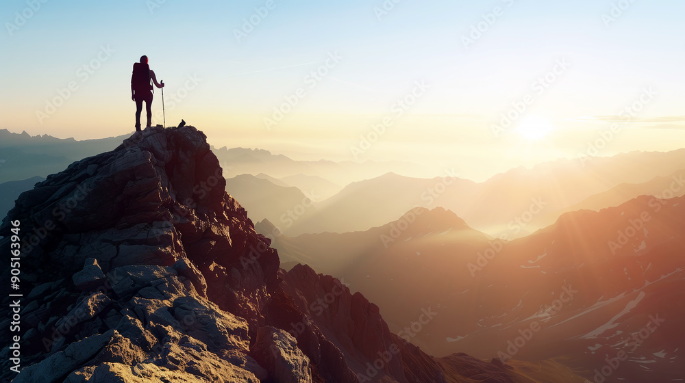 Man Stands on a Mountain Peak and Looks Out Over the Mountains Man Stands on a Mountain Peak and Looks Out Over the Mountains