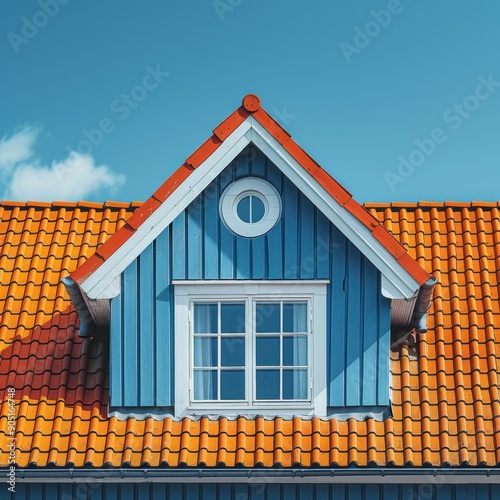 A beautifully painted bright blue house with a red-roof dormer window under a clear blue sky, highlighting the vibrant colors and charming architecture