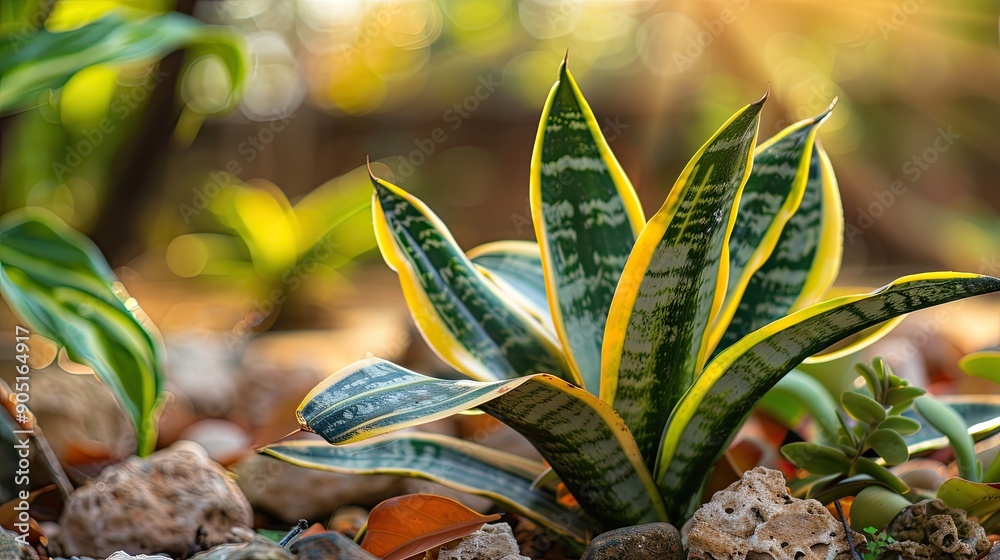 Obraz premium Sansevieria Dracaena succulent plants Snake plant Air purifying tree The leaves are hard yellow and green stripes Ornamental plant for decorating in the rock garden