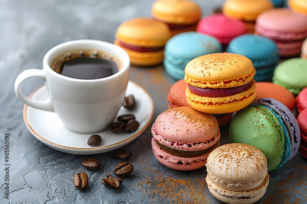 Colorful Macarons and Coffee on Rustic Table - Perfect for Cafe s, Bakeries, and Dessert Lovers Colorful Macarons and Coffee on Rustic Table - Perfect for Cafe s, Bakeries, and Dessert Lovers