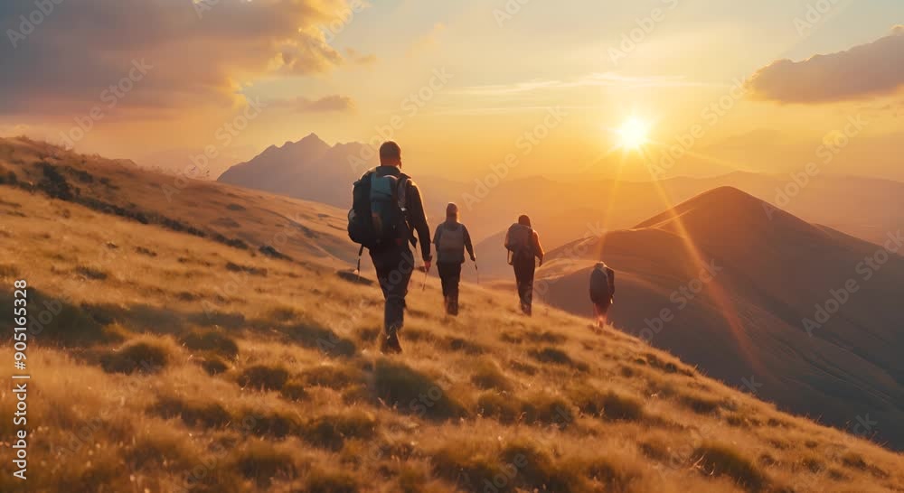 Hikers walk down the hill in the afternoon, outdoor adventure with landscape views. Hikers walk down the hill in the afternoon, outdoor adventure with landscape views.