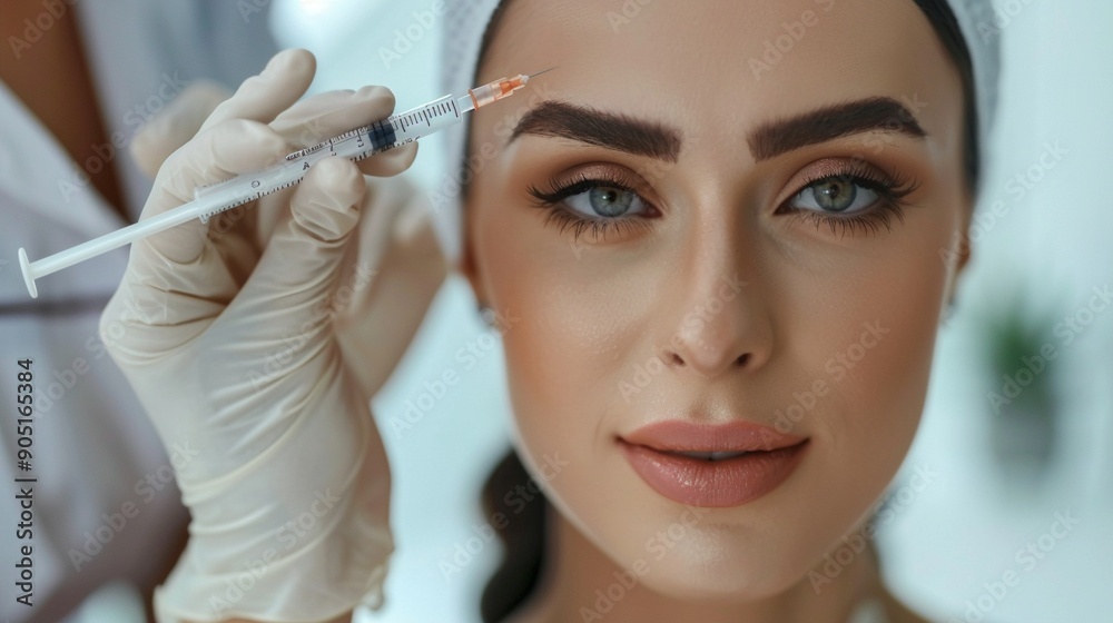Close-up of a woman receiving cosmetic injection treatment, focusing on her flawless skin and striking blue eyes as a gloved hand holds a syringe nearby. Close-up of a woman receiving cosmetic injection treatment, focusing on her flawless skin and striking blue eyes as a gloved hand holds a syringe nearby.
