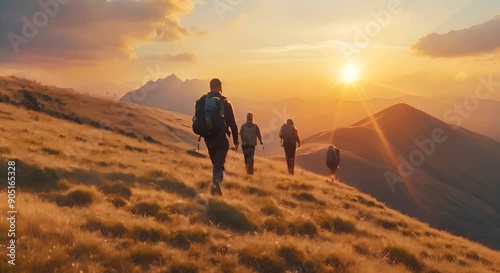 Hikers walk down the hill in the afternoon, outdoor adventure with landscape views.