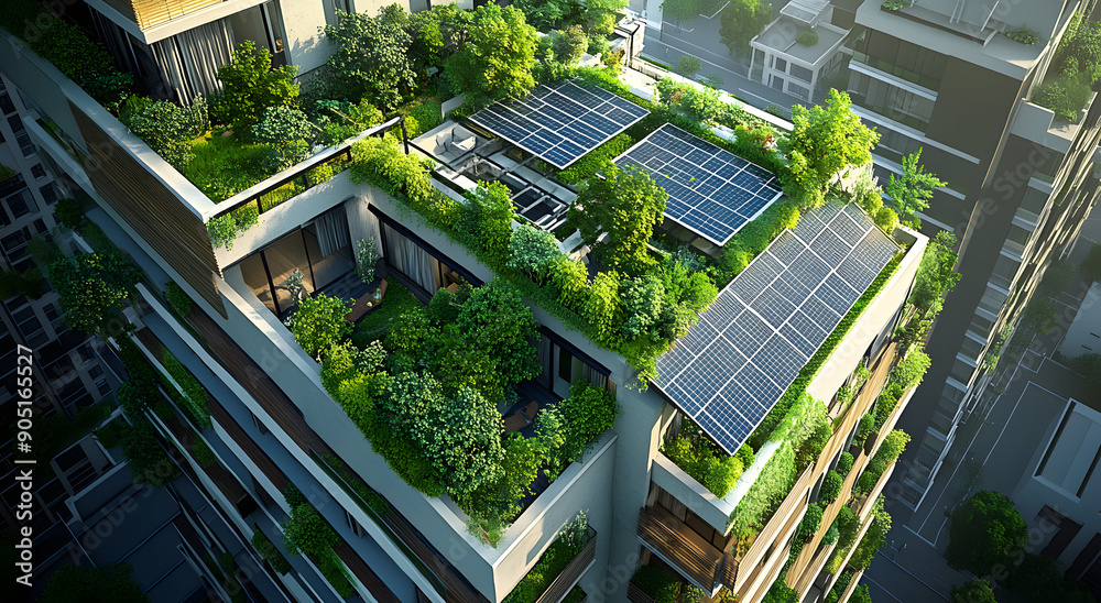 An Aerial View of Sustainable Living in an Urban Environment with Green Rooftops and Renewable Energy Sources, Showcasing Eco-Friendly Architecture and Urban Planning An Aerial View of Sustainable Living in an Urban Environment with Green Rooftops and Renewable Energy Sources, Showcasing Eco-Friendly Architecture and Urban Planning