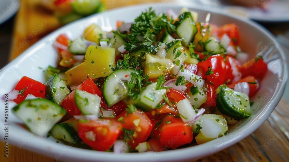 Shopska salad one of the most popular salads in the menu of the Montenegrin restaurants Mix of cucumbers tomatoes peppers onions cheese and olive oil Shopska salad one of the most popular salads in the menu of the Montenegrin restaurants Mix of cucumbers tomatoes peppers onions cheese and olive oil