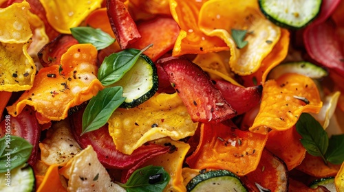 Mixed fried vegetable chips Crunchy colorful organic vegetable snack closeup Ingredients of a healthy diet photo