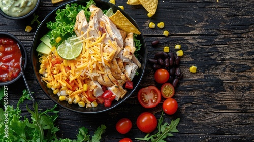 mexican rotisserie chicken salad with sweet corn shredded cheese tomatoes black beans tortilla chips in black bowl on dark wooden table with ingredients vertical view from above photo