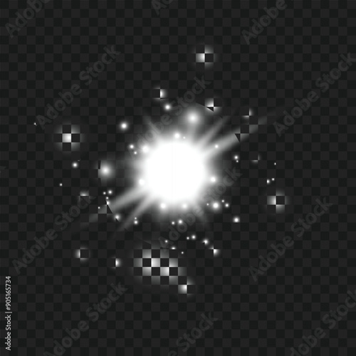 Bright white starburst with glowing sparkles on a transparent background. Vector photo