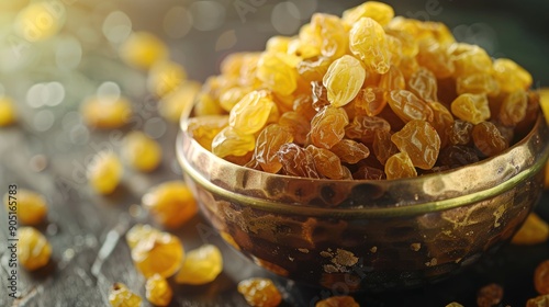 Seeded yellow raisins sultana dried fruits Dried yellow raisins in a copper bowl raisins scattered around a copper bowl of raisins