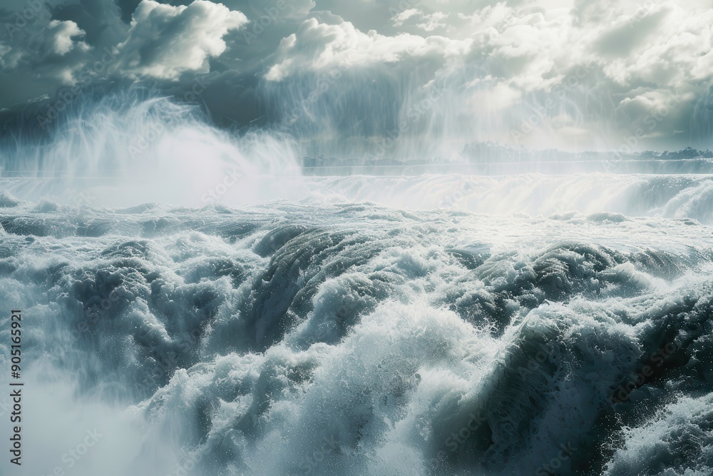 Obraz premium Whitewater Rapids of a Mighty Waterfall under Dramatic Clouds