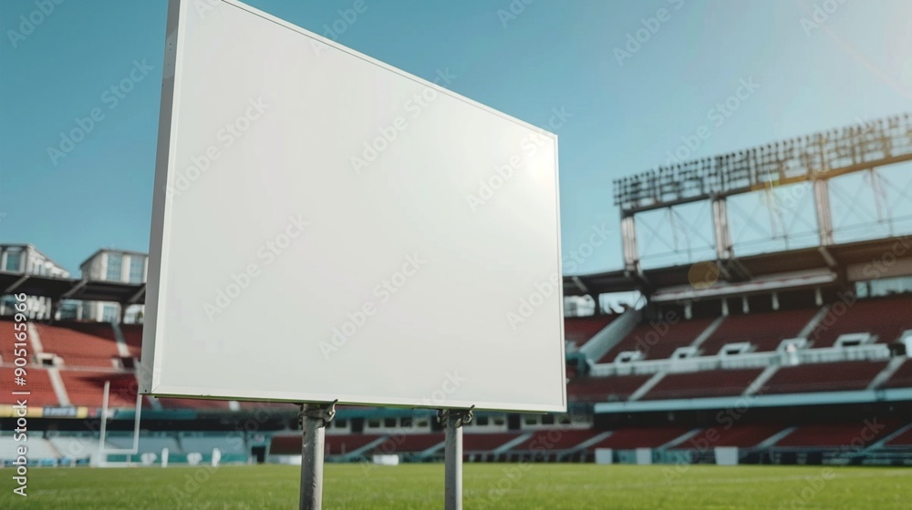 Blank white billboard stands prominently on lush green field of empty sports stadium, perfect for advertising or announcements against backdrop of seats and sky.Mock up, Copy space for text Blank white billboard stands prominently on lush green field of empty sports stadium, perfect for advertising or announcements against backdrop of seats and sky.Mock up, Copy space for text
