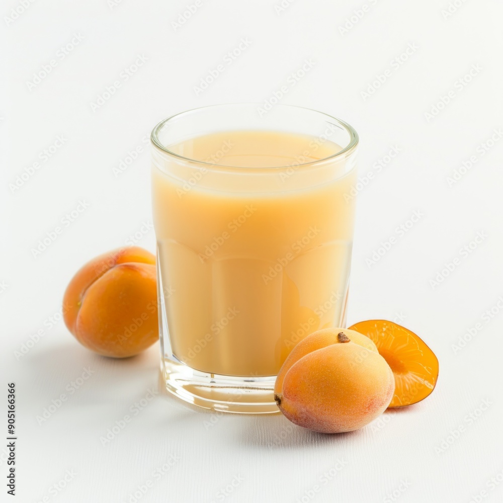 Medium shot of Glass of Apricot juice near the Apricot, isolated on a white background, Medium shot of Glass of Apricot juice near the Apricot, isolated on a white background,