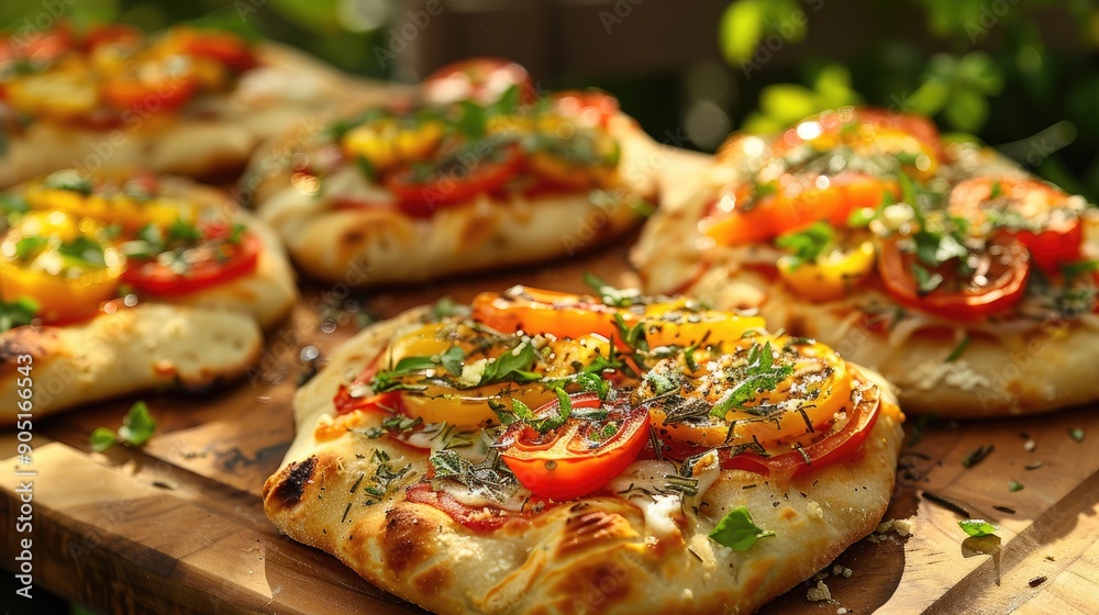 Homemade summer garden pizzas with heirloom tomatoes on a wooden board Homemade summer garden pizzas with heirloom tomatoes on a wooden board