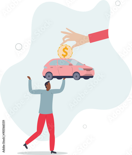 Car leasing or car loan, borrow money to buy new car, rental or auto maintenance cost, debt, purchase or buy new vehicle concept.flat design.illustration with people.