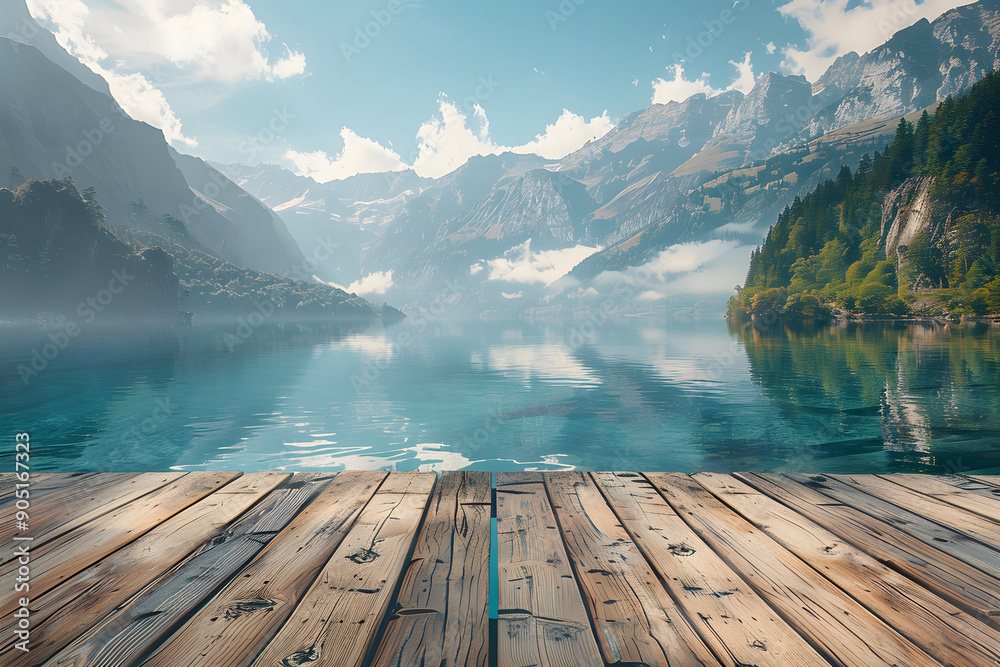 Wooden pier on the lake and mountains in the background, summer landscape. Generative AI Wooden pier on the lake and mountains in the background, summer landscape. Generative AI