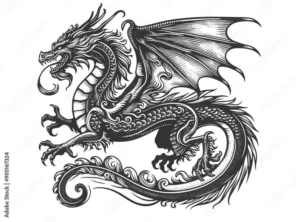 fierce dragon tattoo with detailed scales and wings, intricate line art sketch engraving generative ai fictional character vector illustration. Scratch board imitation. Black and white image. fierce dragon tattoo with detailed scales and wings, intricate line art sketch engraving generative ai fictional character vector illustration. Scratch board imitation. Black and white image.