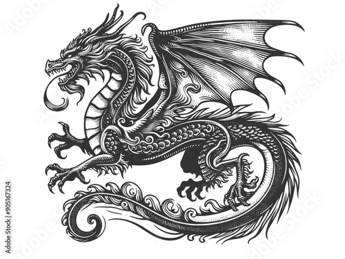 fierce dragon tattoo with detailed scales and wings, intricate line art sketch engraving generative ai fictional character vector illustration. Scratch board imitation. Black and white image.