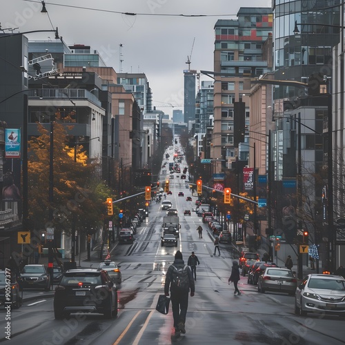 Rainy Day Street View In Downtown City photo