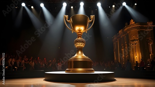 Brightly lit stage with a giant golden trophy in the spotlight