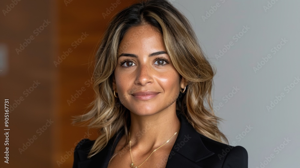 A professional woman with a friendly smile and golden highlighted hair, dressed in a black blazer, displaying confidence and approachability in a modern office setting A professional woman with a friendly smile and golden highlighted hair, dressed in a black blazer, displaying confidence and approachability in a modern office setting