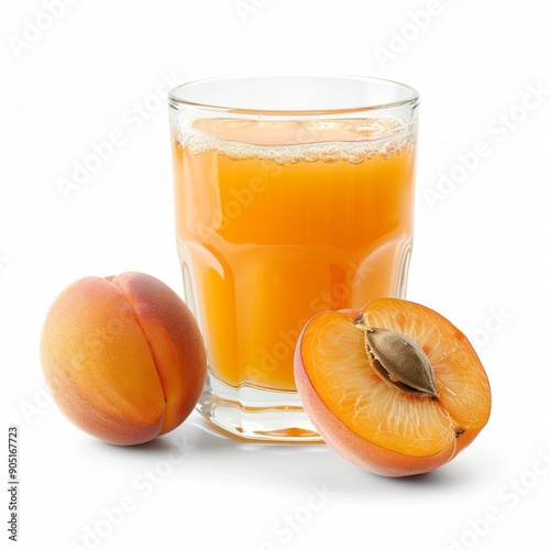 Medium shot of Glass of Apricot juice near the Apricot, isolated on a white background, 