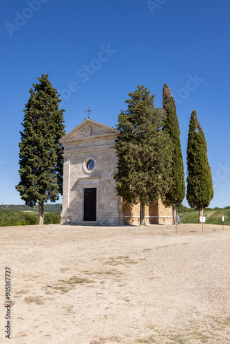 Capella Di Vitaleta in countryside between San Quirico and Pienza in Val d Orcia Tuscany. Italy photo