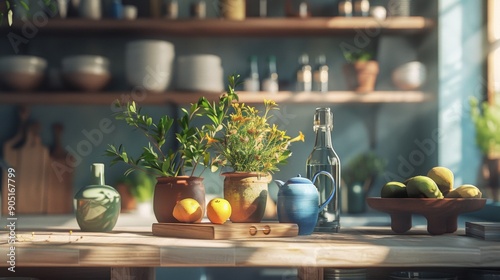 Rustic kitchen decor with fresh herbs and fruits