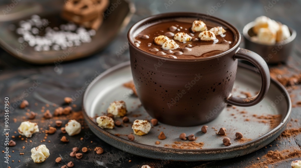 Hot chocolate with marshmallows in a rustic setting