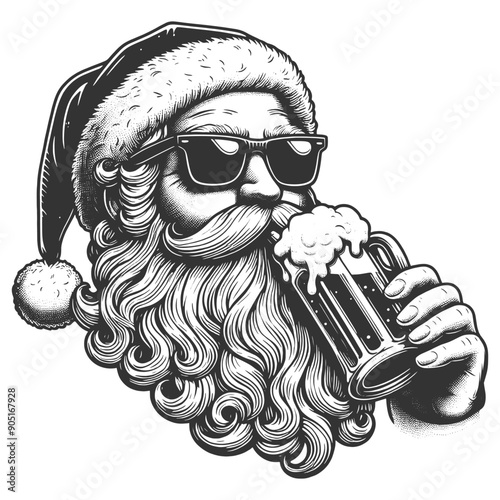 Santa Claus drinking beer frothy beverage. Festive and cheerful. sketch engraving generative ai fictional character vector illustration. Scratch board imitation. Black and white image.