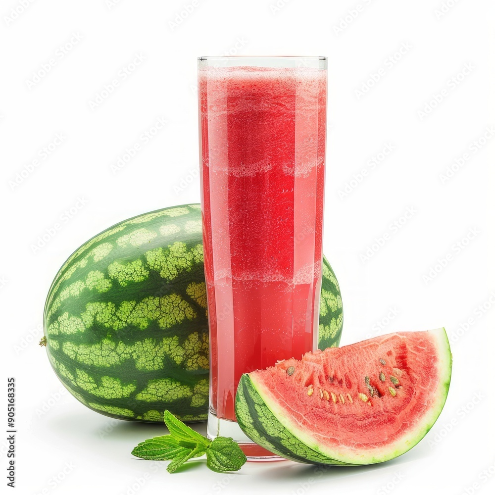 Medium shot of Glass of watermelon juice near the watermelon, isolated on a white background,