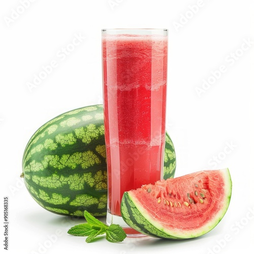 Obraz na płótnie Medium shot of Glass of watermelon juice near the watermelon, isolated on a white background, w salonie