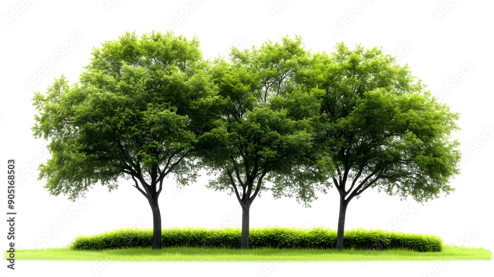 Obraz premium Three Lush Green Trees with Grass and Shrubs on White Background