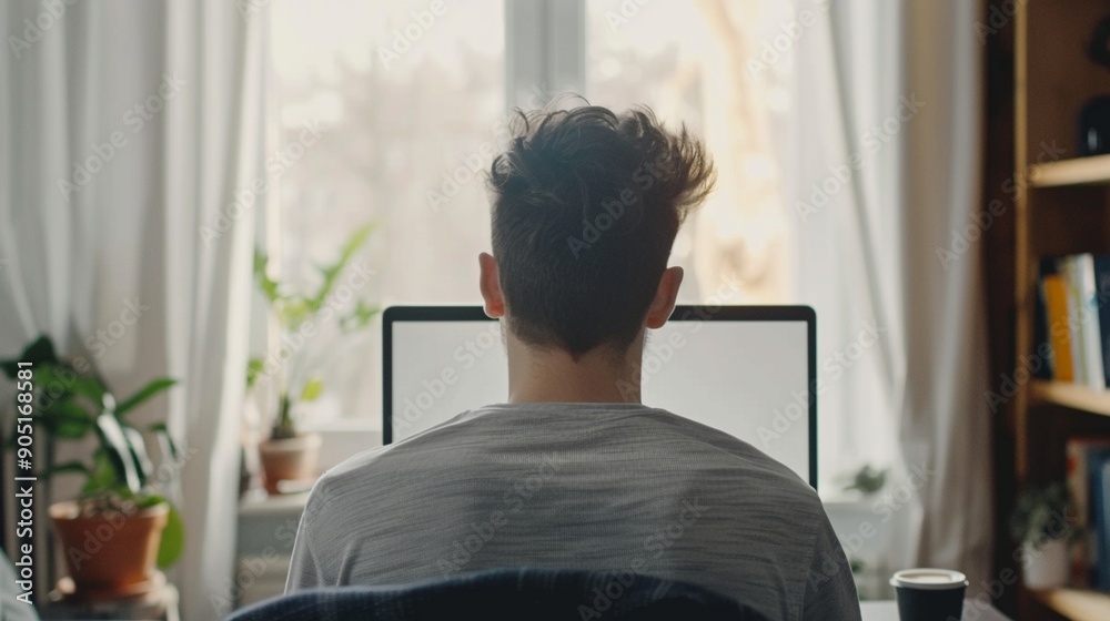 Remote worker focused on laptop screen, surrounded by houseplants and bookshelves, embodying modern home office lifestyle in natural light. Remote worker focused on laptop screen, surrounded by houseplants and bookshelves, embodying modern home office lifestyle in natural light.