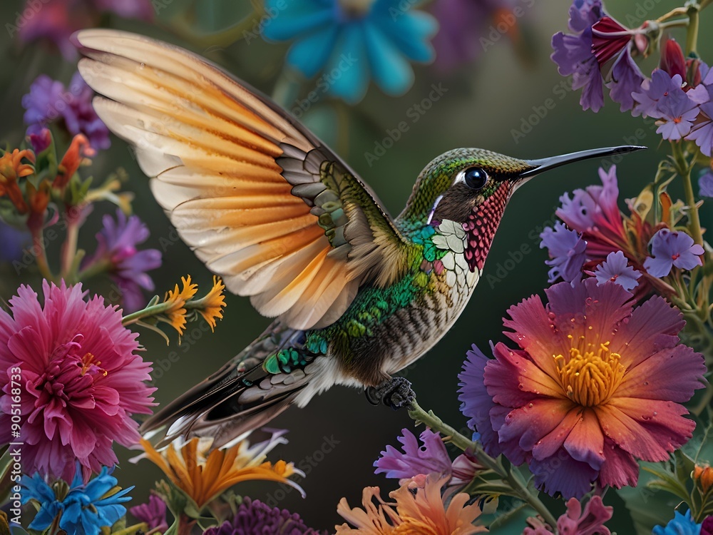 Fototapeta premium Multicolored Hummingbird on flower in a Floral environment. Flying in a natural habitat of tropical wood, red flower, violet green ear, Colibri thalassinus, Tapanti National Park, Costa Rica. Wildlife