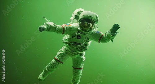 Astronaut floating on green screen background