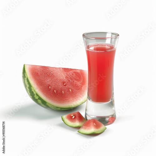 Medium shot of Glass of watermelon juice near the watermelon, isolated on a white background, 