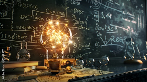 Illuminating innovation: a glowing lightbulb radiates intricate patterns amidst a chalkboard of complex equations, symbolizing the spark of genius in scientific discovery. photo