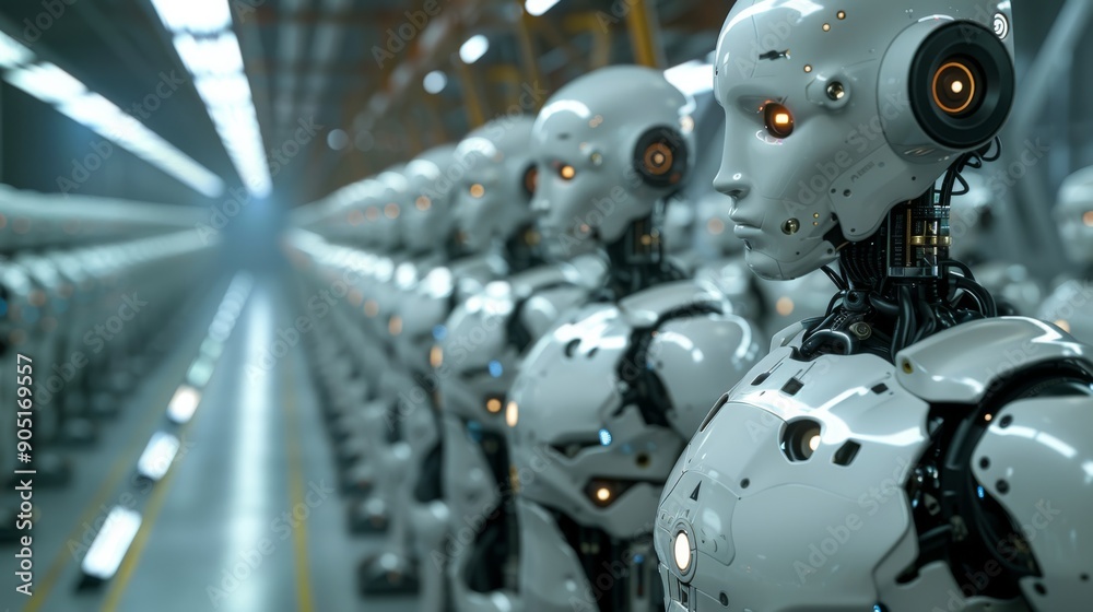 Row of humanoid robots in futuristic factory. Artificial intelligence and technology concept. Row of humanoid robots in futuristic factory. Artificial intelligence and technology concept.