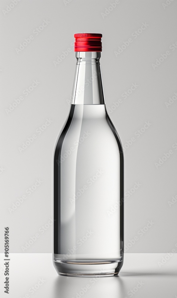 A clear glass bottle with a red cap filled with transparent liquid, placed against a plain background. A clear glass bottle with a red cap filled with transparent liquid, placed against a plain background.