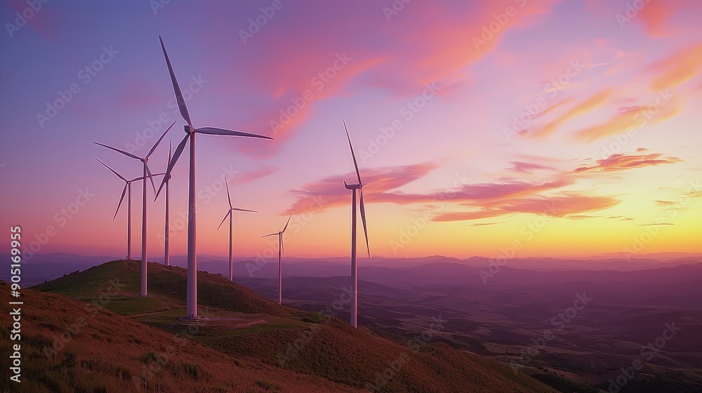 Fototapeta premium Renewable Energy at Dusk: Dramatic Wind Turbines on Hill with Dynamic Sunset Glow