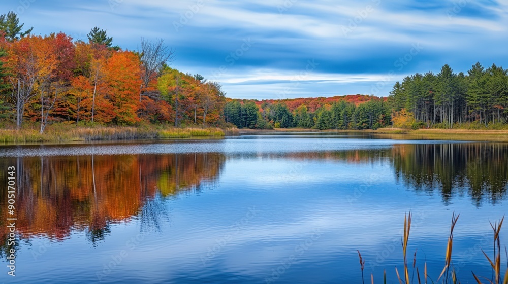 A calm lake in a forest reflects the vibrant fall colors of the trees lining its shore A calm lake in a forest reflects the vibrant fall colors of the trees lining its shore