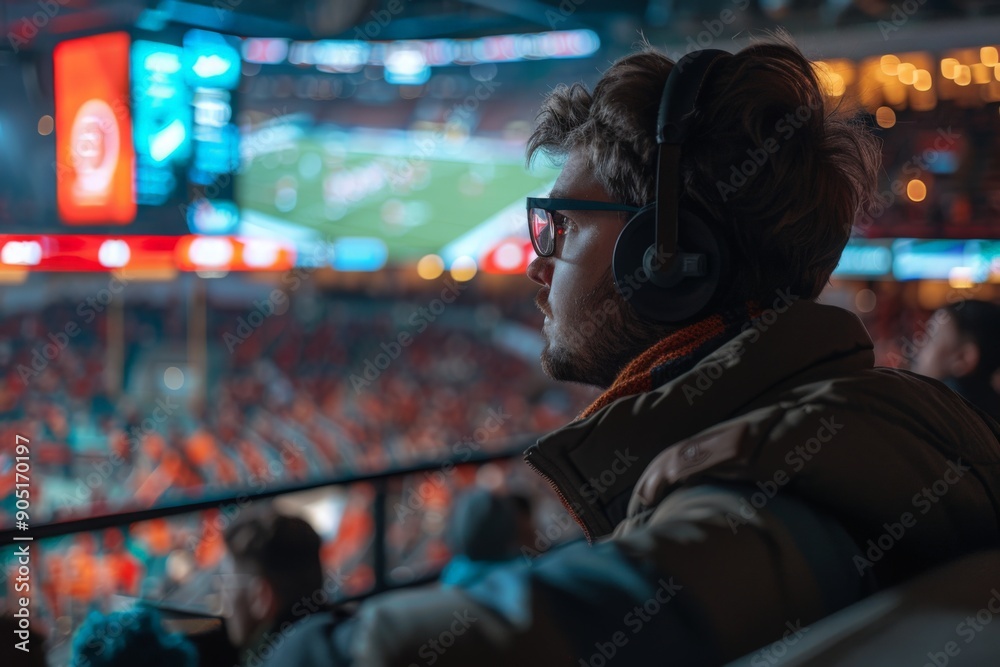 Man watches a sports game from the stadium seats, captivated by the action on the screen in front of him Man watches a sports game from the stadium seats, captivated by the action on the screen in front of him
